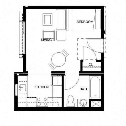 Floor plan for studio, 1 bath, 357 sqft